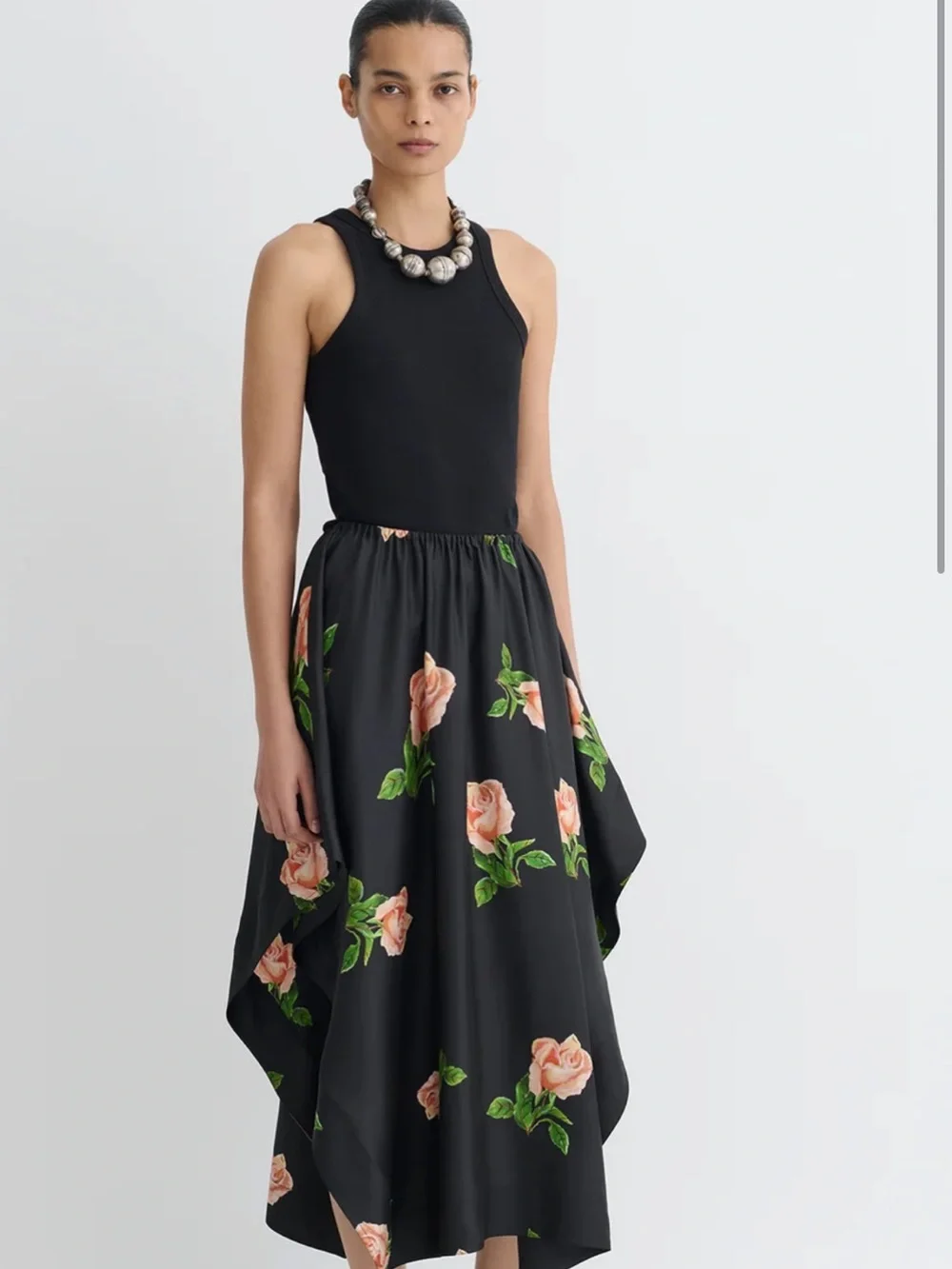 BNWT 100% SILK Nanushka Black Handkerchief-Hem Maxi Skirt with Peach Rose Print